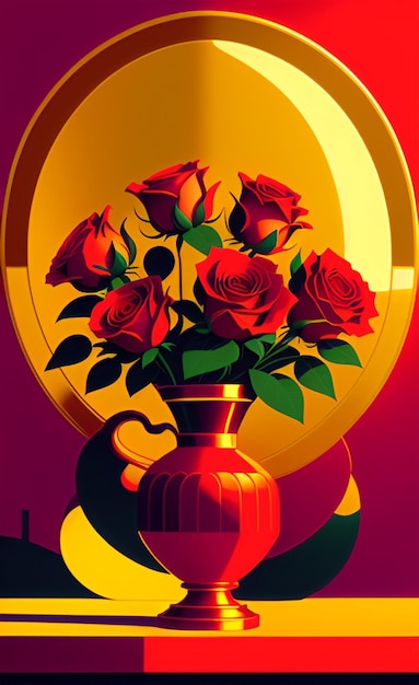 A red vase of roses sits in front of a gold rim.