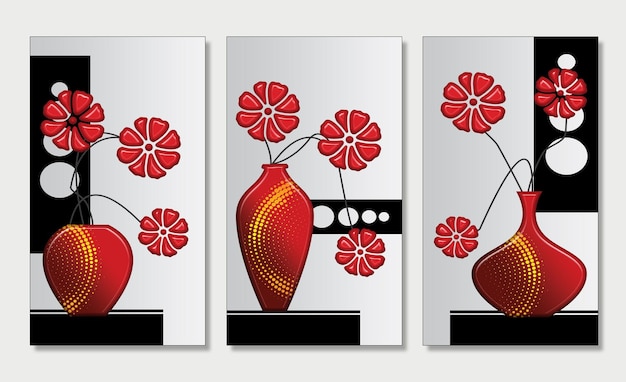 Red vase with flowers and golden dots light gray background and red flowers for wall frame decor