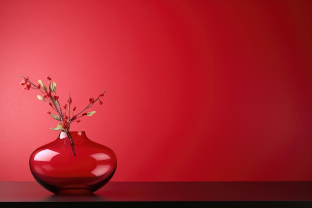 A red vase with flowers on a red background with a place to copy