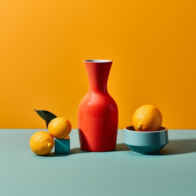 A red vase with lemons and a bowl with two lemons on it.