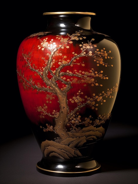 木が生えた赤い花瓶