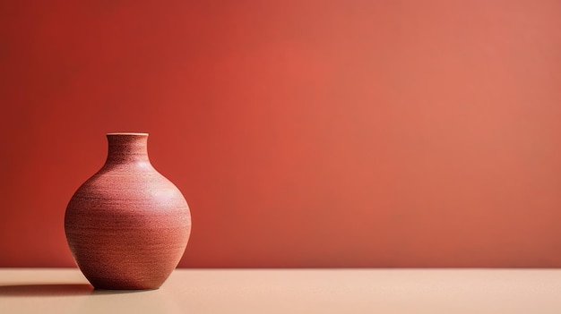 A red vase with a white rim sits on a table