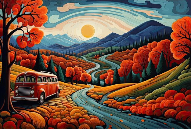 a red vehicle drives slowly down an idyllic road in autumn in the style of bold and vibrant