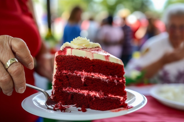 Red velvet cake being enjoyed by a diverse group of people at a party or gathering