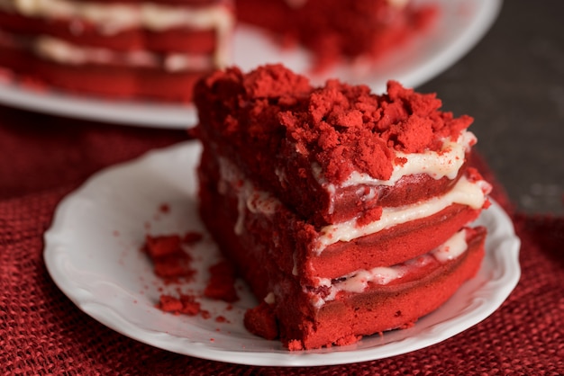 Red velvet cake Canvas napkin on a concrete dark gray background