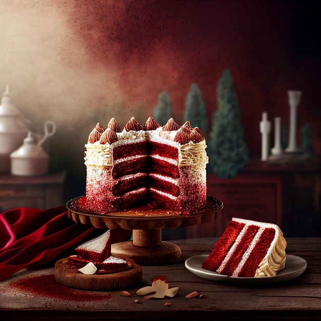 赤いベルベットケーキのイラスト 皿に白いバタークリームで甘いデザート 最小限の居心地の良い田舎風の背景