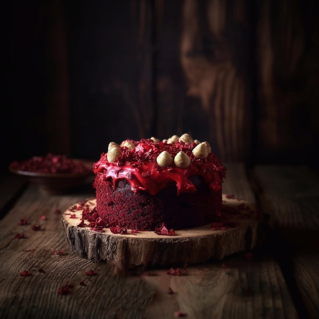 Red velvet cake op een donkere achtergrond Kopieer ruimte Generatieve AI