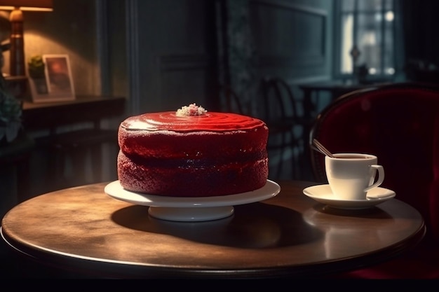 Red velvet cake Serving in a cozy cafe Copy space Generative AI