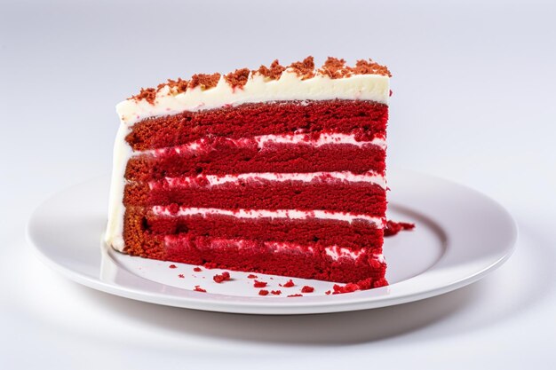 Red velvet cake sliced in piece on white plate on white background