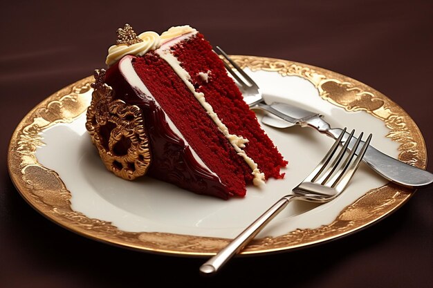 Photo red velvet cake slices served with a cup of hot tea