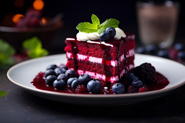 Red velvet cake slices served with a cup of hot tea