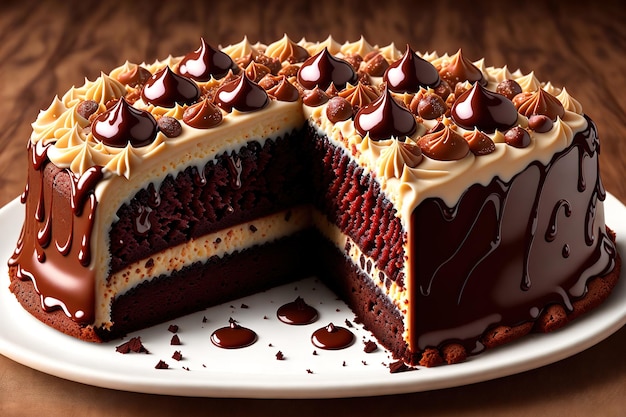 A red velvet cake with chocolate frosting and chocolate ganache on top.