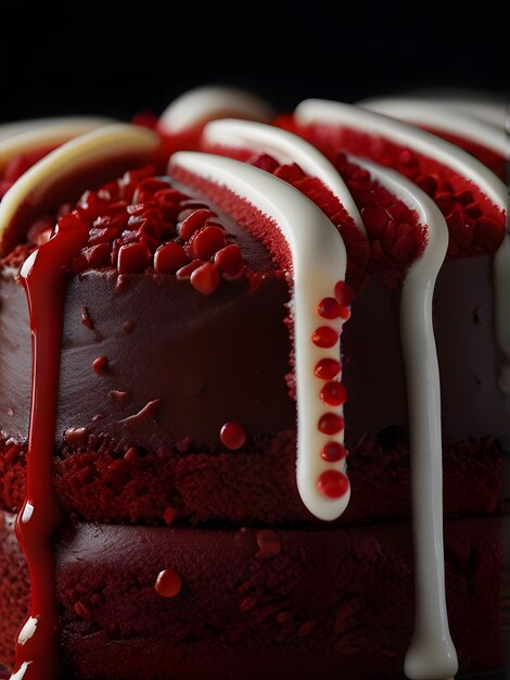 a red velvet cake with chocolate frosting and red icing