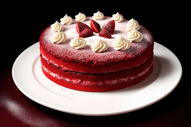 A red velvet cake with cream filling and a silver fork on a plate.