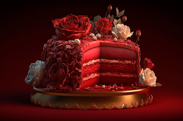 A red velvet cake with a large piece of cake on top of it.