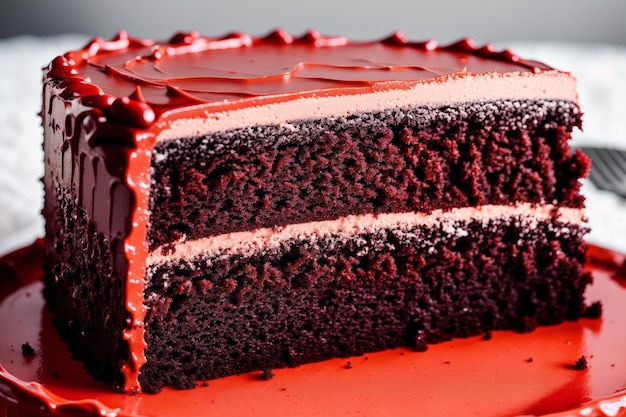 A red velvet cake with red frosting and a slice cut out of it.