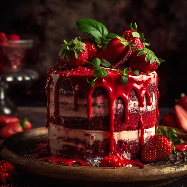 A red velvet cake with a strawberry filling and a strawberry on top.