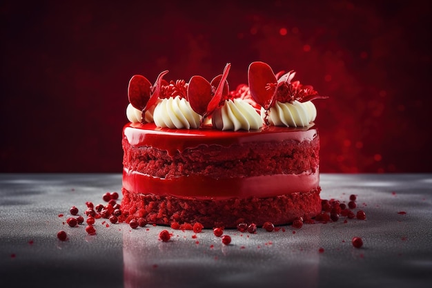 A red velvet cake with white cream and raspberries on top.