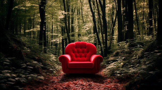 red velvet chair in green forest