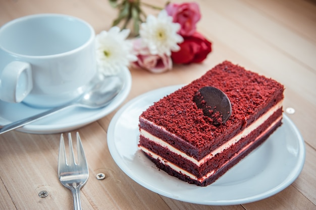 Red velvet cheese cake and dark chocolate on top