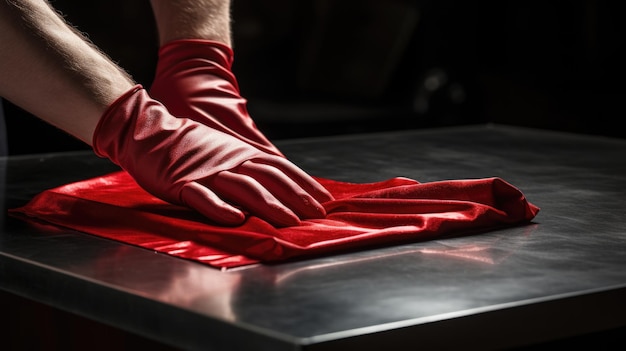 Red velvet cloth being smoothed by a hand in red gloves on a metal table