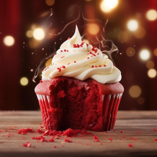 Red velvet cupcake immersed in cream cheese frosting with splashes and waves