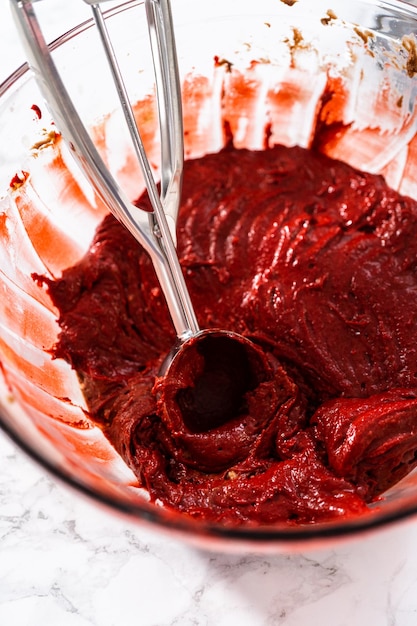 Red velvet cupcakes with white chocolate ganache frosting