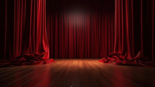 Red velvet curtain and wooden floor stage background generative ai
