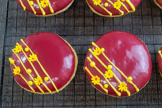 red velvet donuts or donat red velvet the taste is sweet and savory combined with red velvet glaze