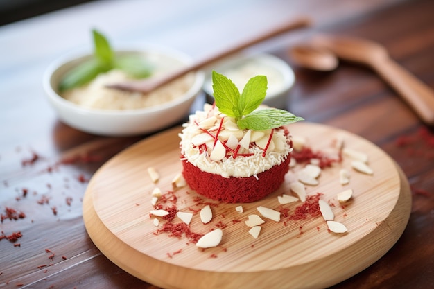 Foto muffin di velluto rosso con formaggio a crema