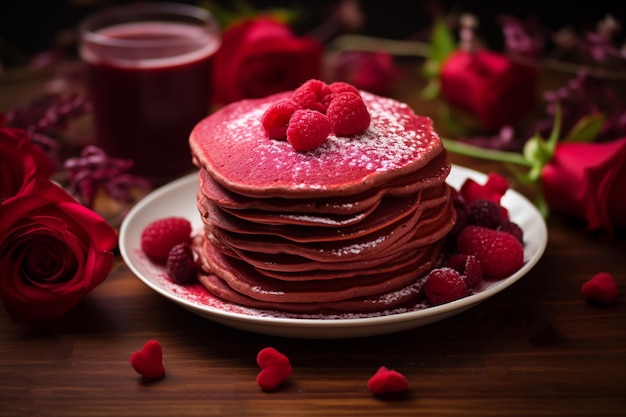 Red Velvet Pancakes with Romantic Presentation