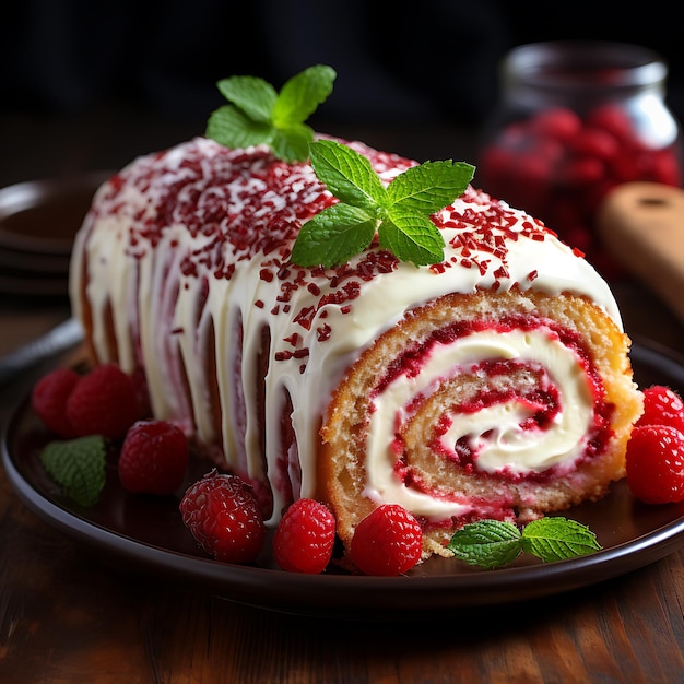 Red velvet roll cake with cream and fresh strawberries on light background