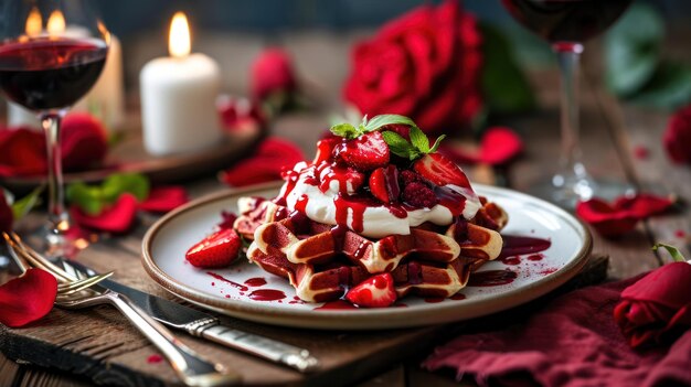 Red Velvet Waffles with Cream Cheese Drizzle against a romantic dinner setup