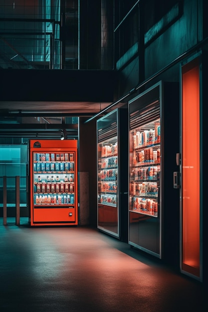 Photo a red vending machine with a red light on the front.