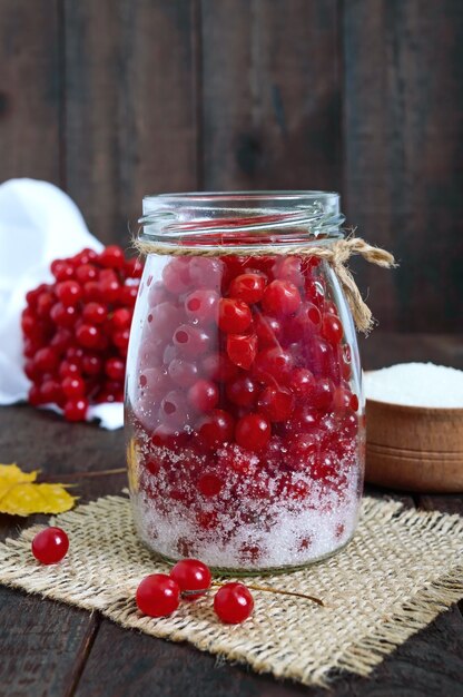 Photo red viburnum in a jar, and sugar