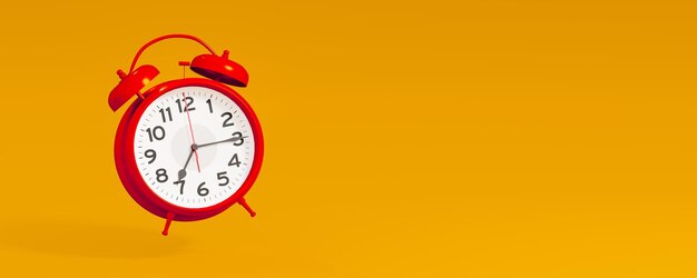Red vintage alarm clock on bright orange color background time management deadline concept wide banner copy space it's time to act 3d rendering