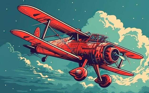 Red vintage plane flying in the blue sky digital art. AI, Generative AI