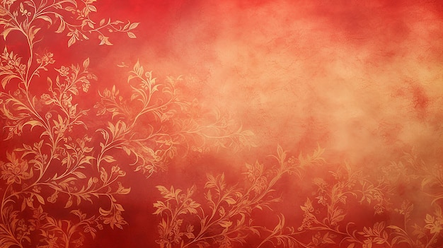 Photo red vintage scarlet background with gold delicate ornament on paper holiday blank with copy space