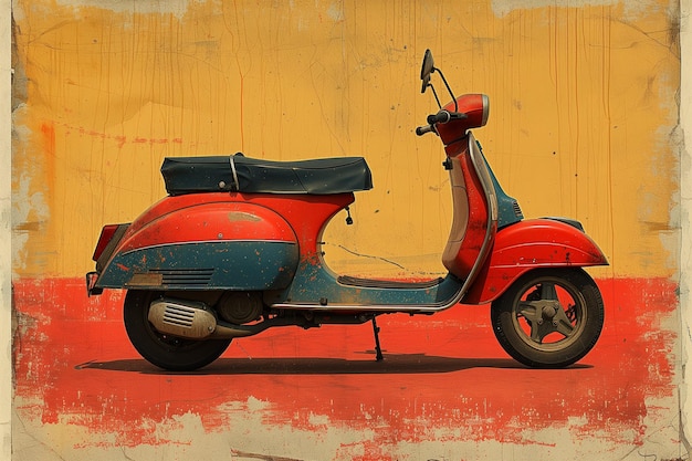 A red vintage scooter stands out against a striped red and yellow wall