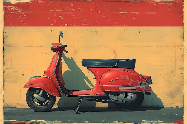 Foto uno scooter vintage rosso spicca contro una parete rossa e gialla a righe