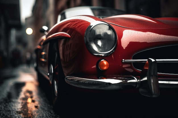 A red vintage sports car is parked on a wet street in the rain.