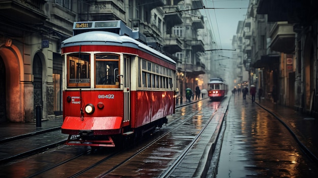 Red vintage tram in istanbul