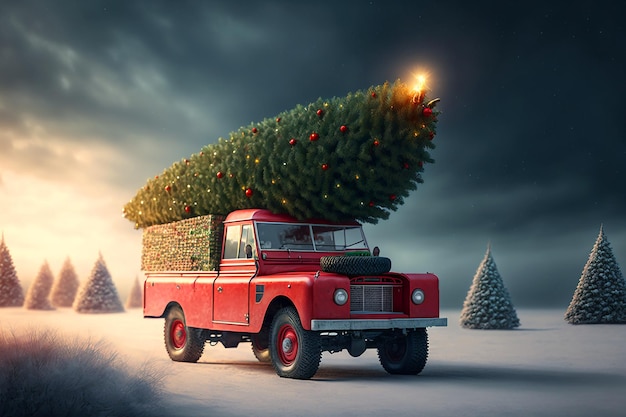 A red vintage truck with a christmas tree on the roof