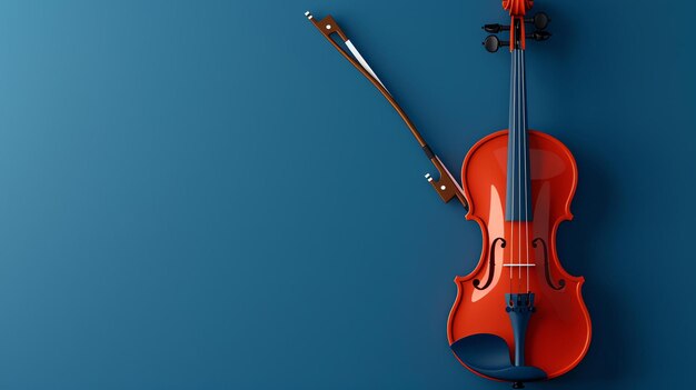 Photo red violin with bow on a blue background 3d rendering