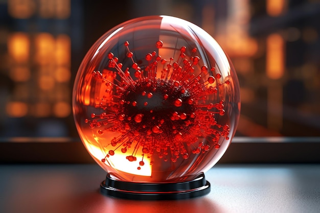A red virus in a glass sphere