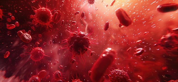 Red virus macro shot in bloodstream to show cardiovascular epidemic quarantine and pandemic sickness