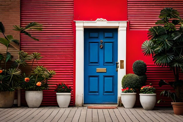 a red wall with a blue door and potted plants in front of a red wall.