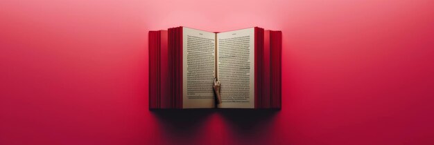 a red wall with a book open to the left of the book