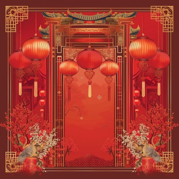 Photo a red wall with chinese lanterns and a red background