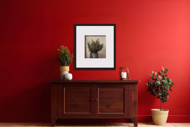 A red wall with a picture of flowers on it